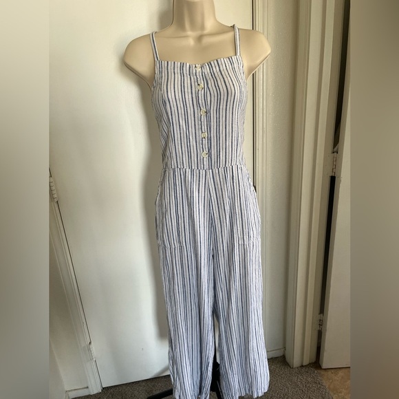 Old Navy Linen Blend Blue and White Striped Jumpsuit w/ Pockets - Picture 1 of 9